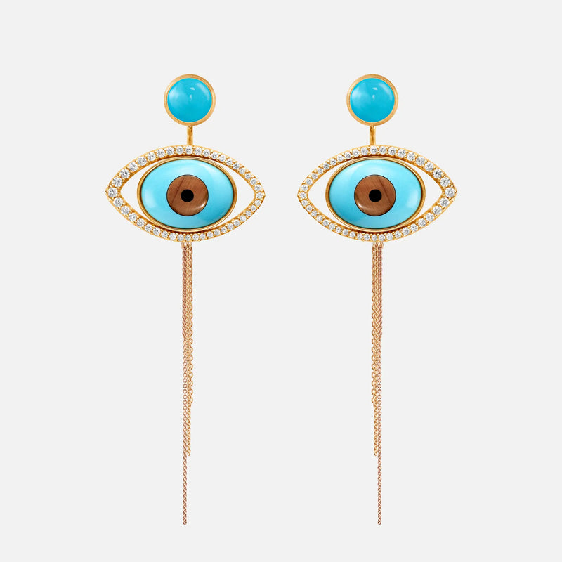 Evil Eye 18K Gold Earring Pendant w. Tiger's Eye, Onyx, Turquoise & Diamond