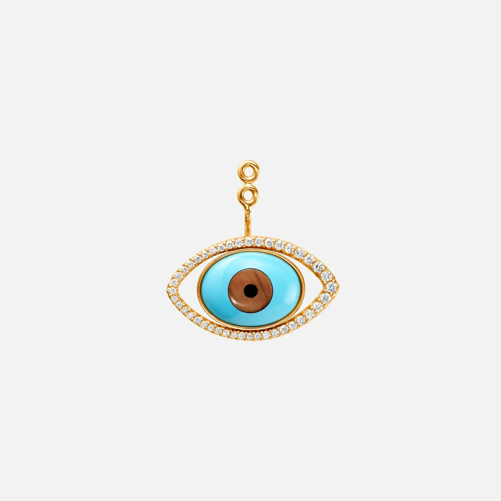 Evil Eye 18K Gold Earring Pendant w. Tiger's Eye, Onyx, Turquoise & Diamond