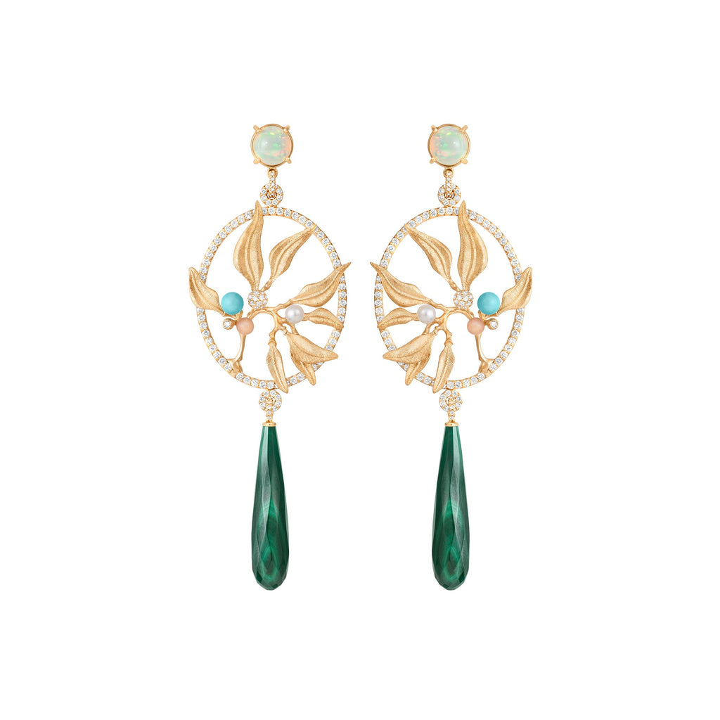 Exclusive Dream Catcher 18K Gold Earrings w. Diamonds, Moonstone, Pearl, Opal, Turquoise & Malachite