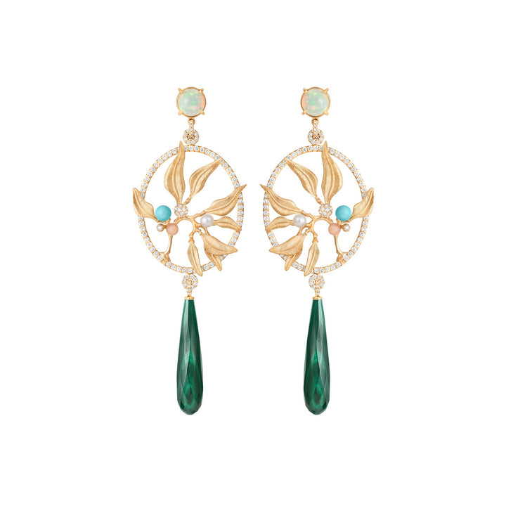 Exclusive Dream Catcher 18K Gold Earrings w. Diamonds, Moonstone, Pearl, Opal, Turquoise & Malachite
