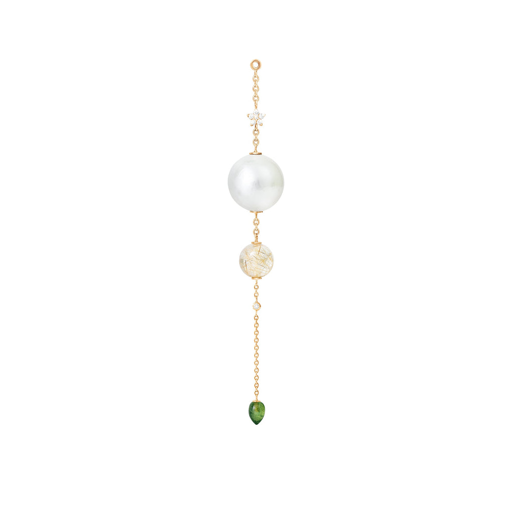 Special Edition 18K Gold Earring-pendant w. Pearl, Diamonds, Tourmaline & Rutile Quartz