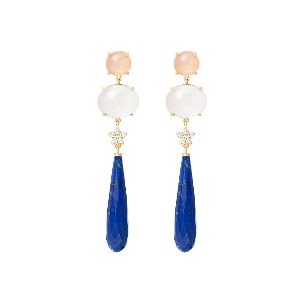 Special Edition 18K Gold Earrings w. Diamond, Amber & Aquamarine