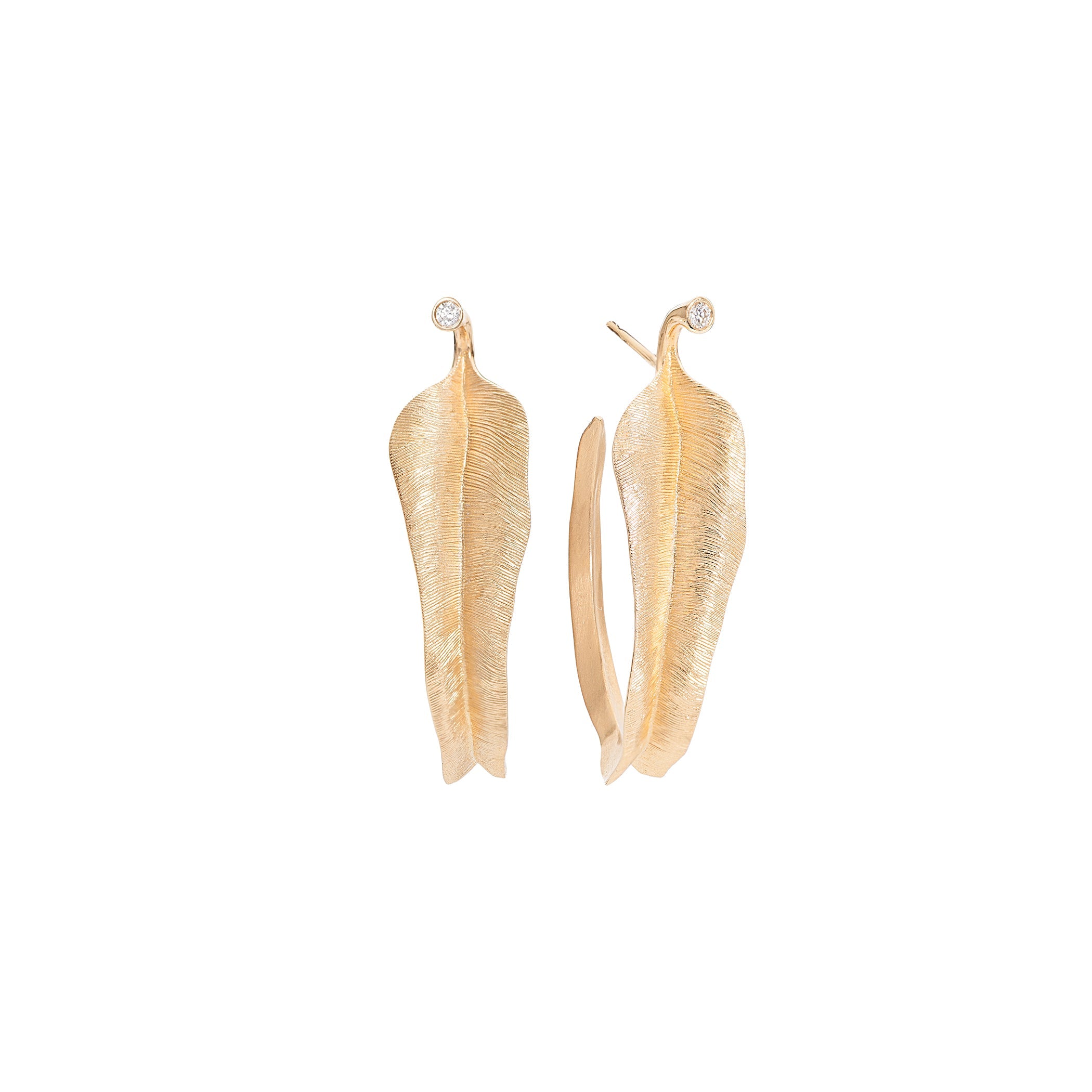 Large Leaves 18K Gold Hoops w. Diamonds
