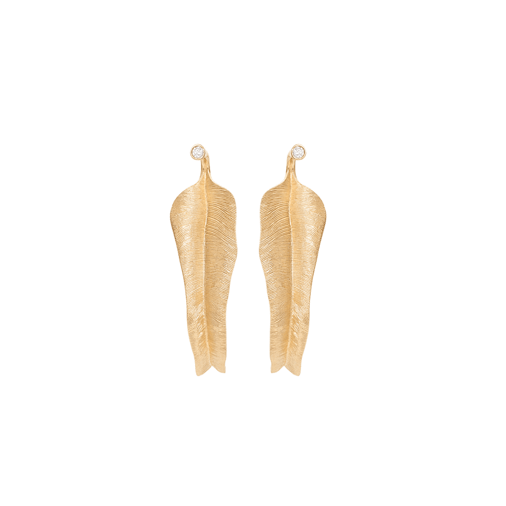 Small Leaves 18K Gold Hoops w. Diamonds