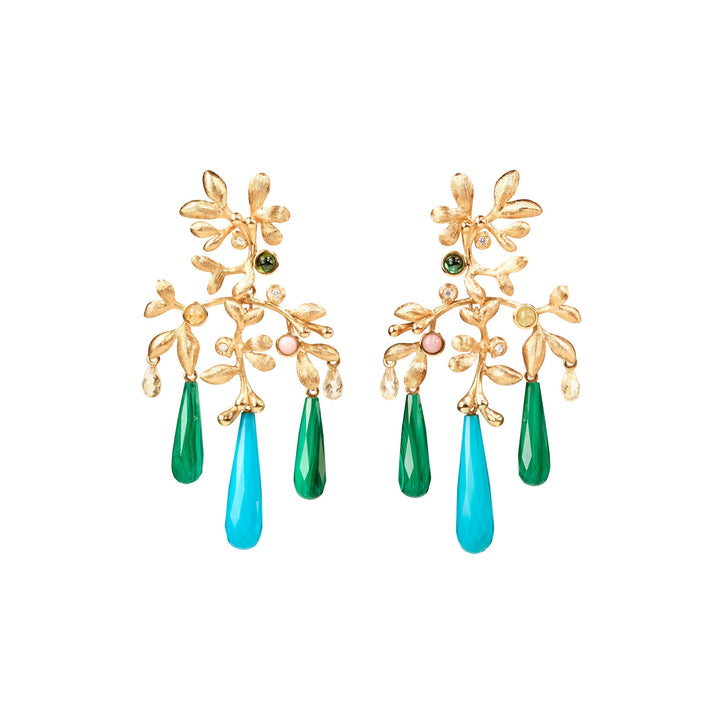 Gipsy Small 18K Gold Earrings w. Quartz, Malachite, Turquoise, Coral, Tourmaline & Diamond