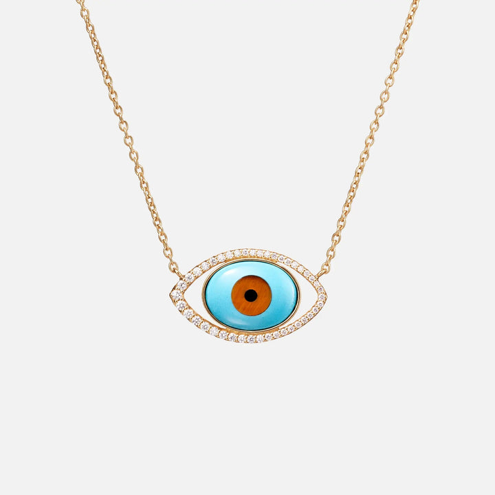 Evil Eye 18K Guld Halskæde m. Tigerøje, Onyx, Turkis & Diamanter