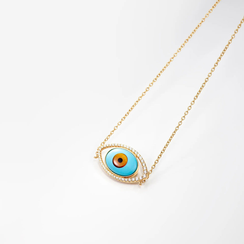 Evil Eye 18K Gold Necklace w. Tiger's Eye, Onyx, Turquoise & Diamond