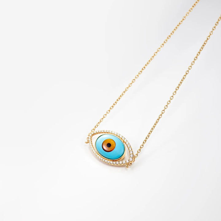 Evil Eye 18K Guld Halskæde m. Tigerøje, Onyx, Turkis & Diamanter