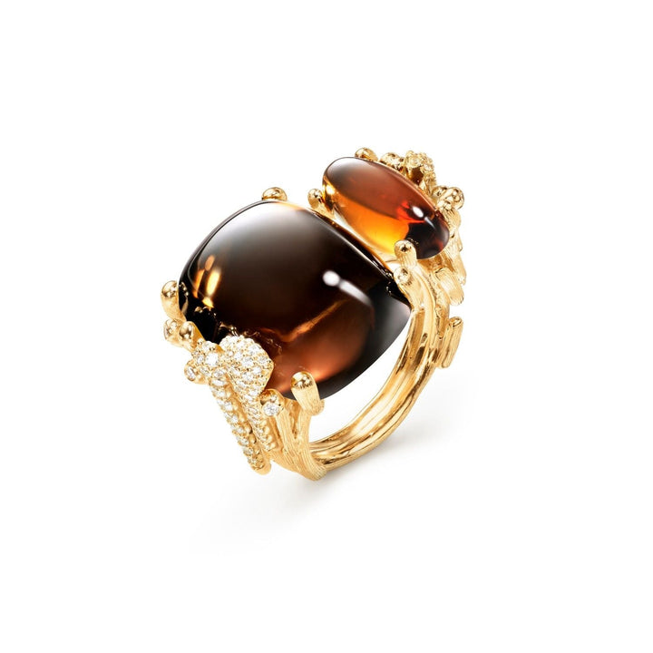 Boho Double Pavé 18K Gold Ring w. Tourmaline, Quartz & Diamonds