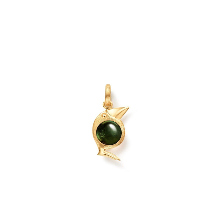 Bird Family  18K Gold Charm w. Lock & Green Tourmaline