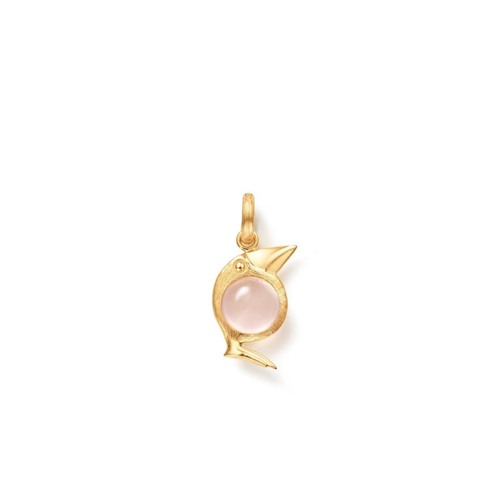 Bird Family  18K Gold Charm w. Lock & Rose Quartz
