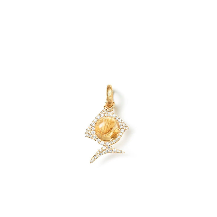 Young Fish 18K Gold Charm w. Lock, Rutil Quartz & Diamonds