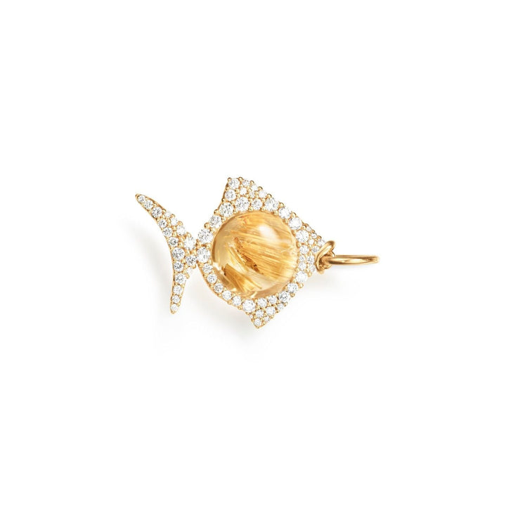 Young Fish 18K Gold Pendant w. Rutil Quartz & Diamonds