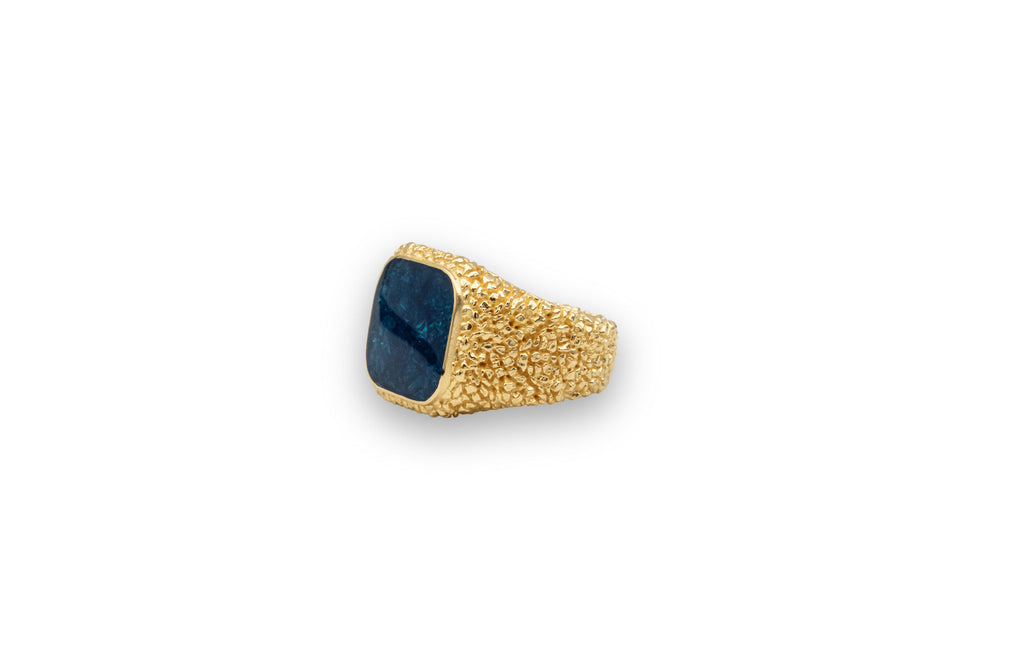IX Crunchy Cushion 22k Gold Plated Signet Ring w. Blue Enamel