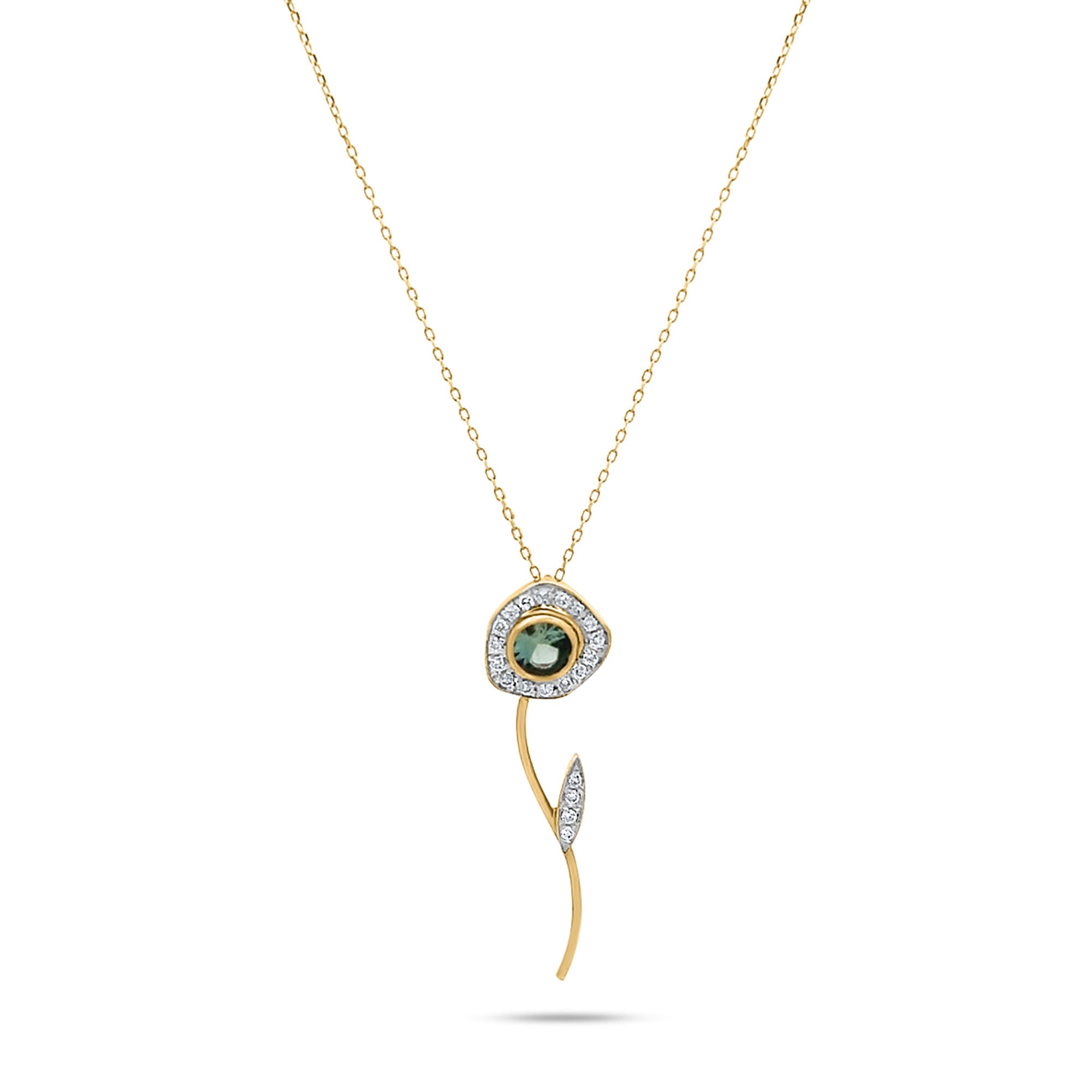 Desert Rose Flower 18K Gold Necklace w. Green Tourmaline & Diamonds