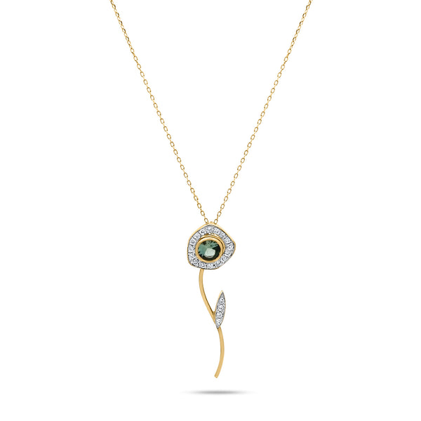 Wüste Rose Blume 18k Gold Halskette w. Grüne Turmaline & Diamanten