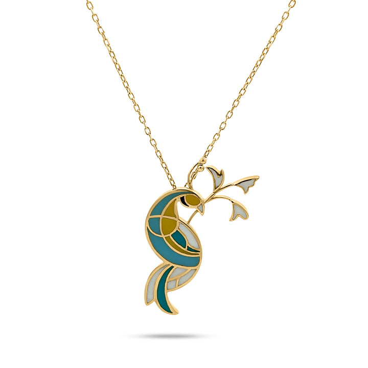 Peacock 18K Gold Necklace w. Enamel