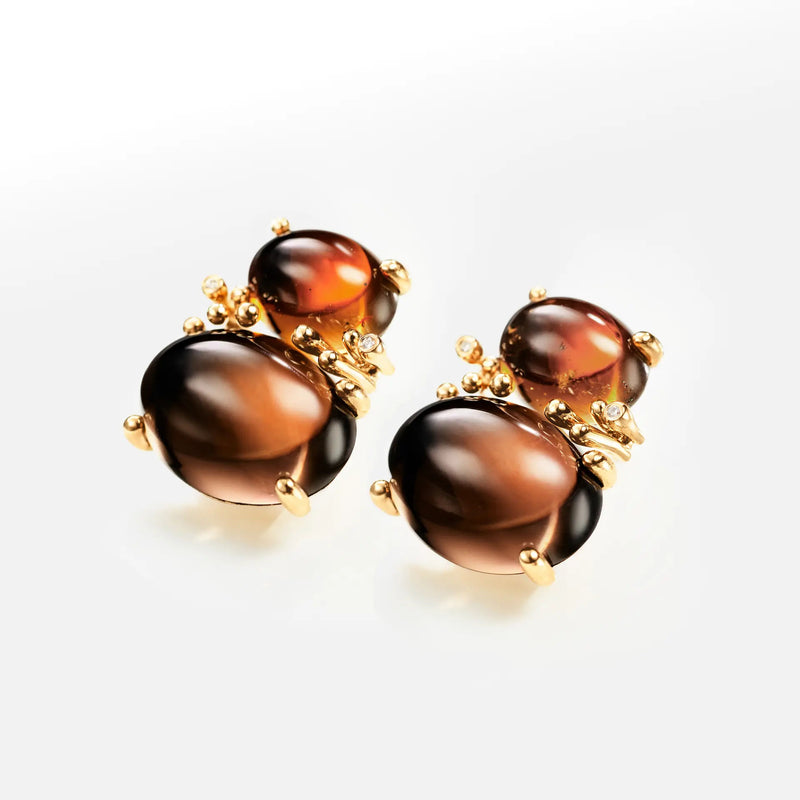 Boho 18K Gold Studs w. Tourmaline, Quartz & Diamonds