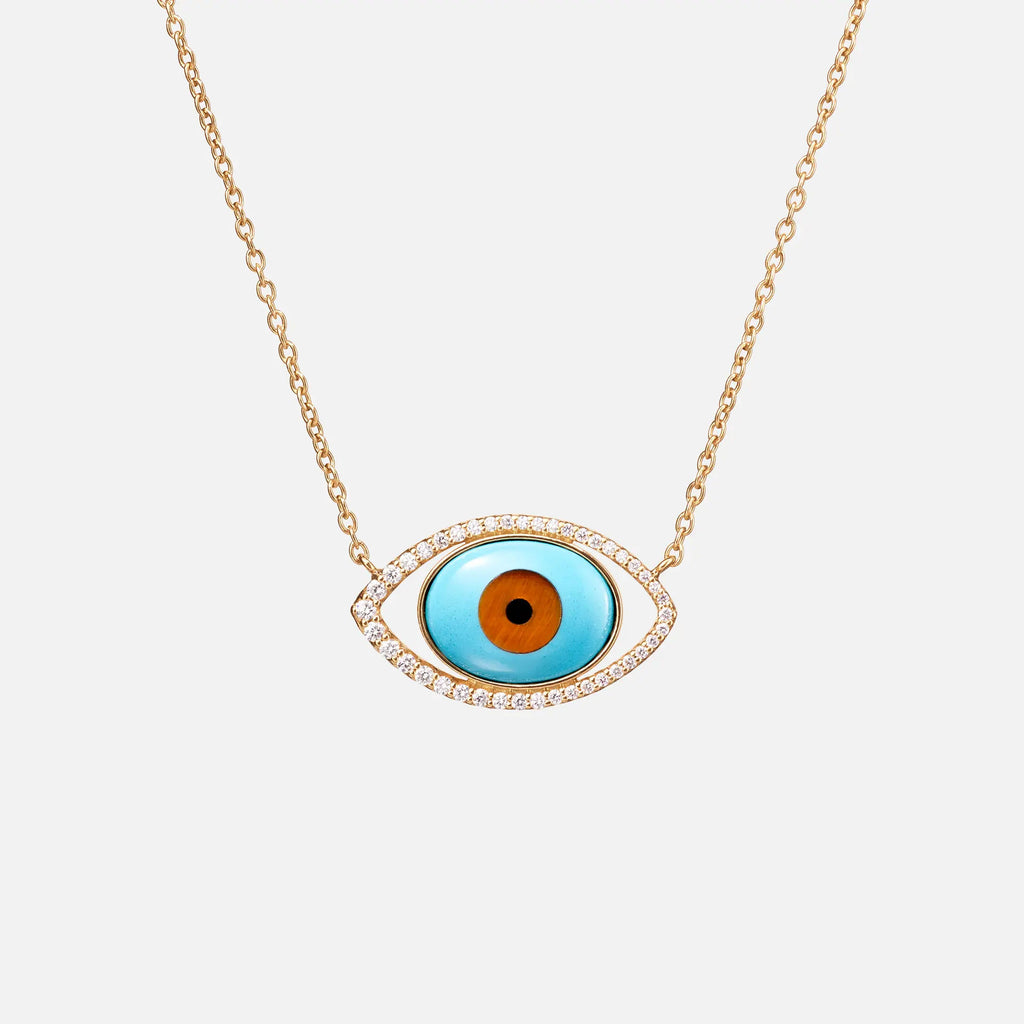 Evil Eye 18K Gold Necklace w. Tiger's Eye, Onyx, Turquoise & Diamond
