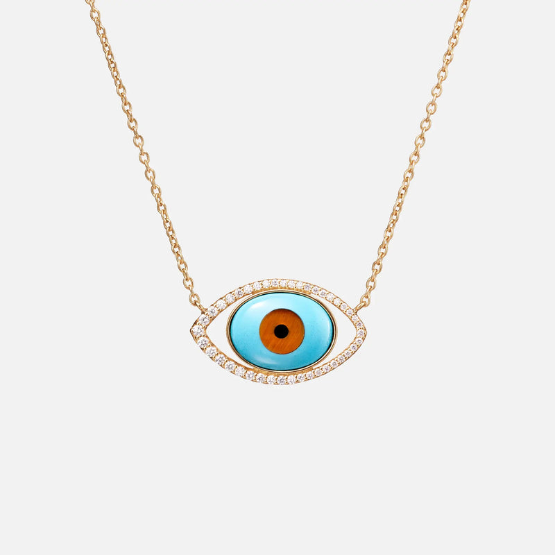 Evil Eye 18K Gold Necklace w. Tiger's Eye, Onyx, Turquoise & Diamond