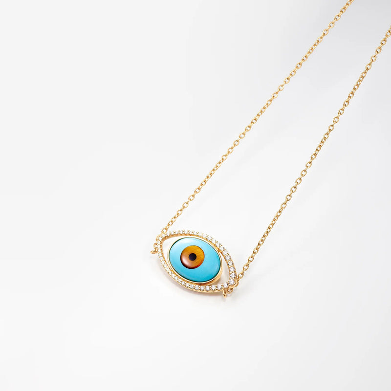 Evil Eye 18K Gold Necklace w. Tiger's Eye, Onyx, Turquoise & Diamond