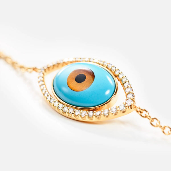 Evil Eye 18K Gold Bracelet w. Tiger's Eye, Onyx, Turquoise & Diamond