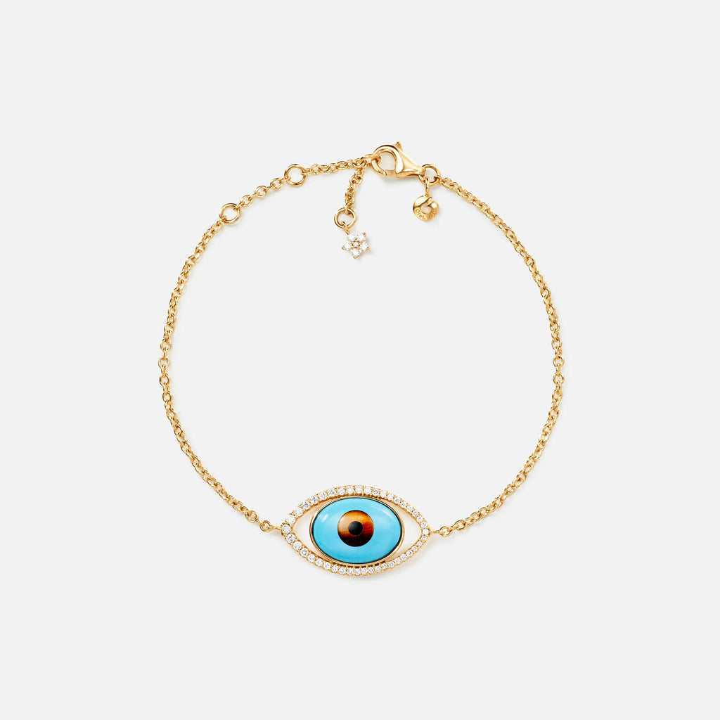 Evil Eye 18K Gold Bracelet w. Tiger's Eye, Onyx, Turquoise & Diamond