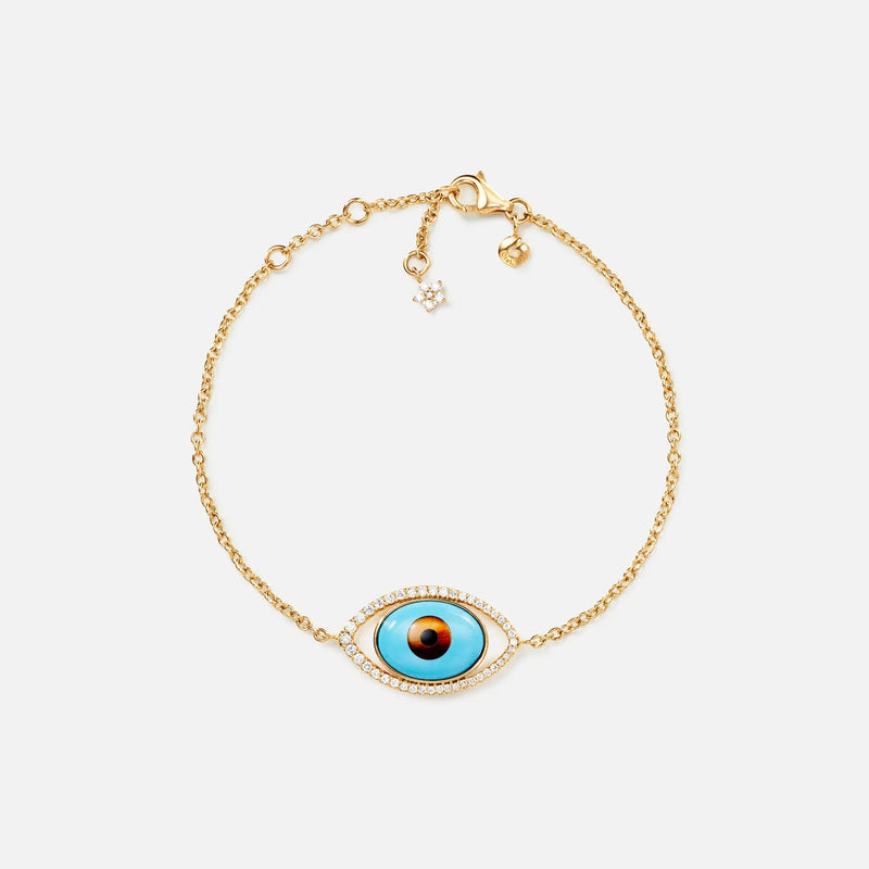 Evil Eye 18K Gold Bracelet w. Tiger's Eye, Onyx, Turquoise & Diamond