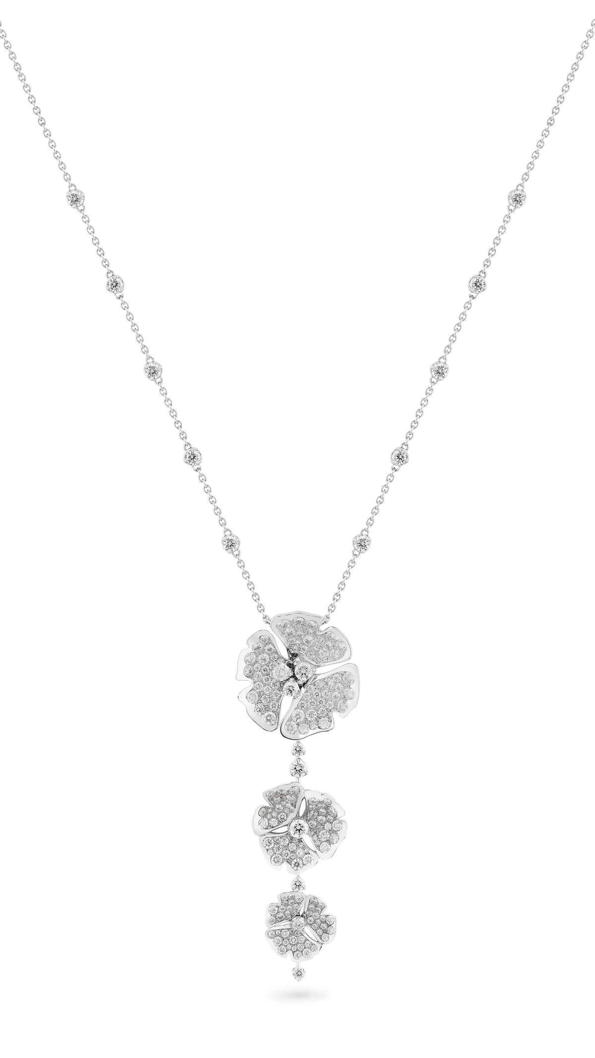 Ginkgo Paved 3 Flowers 18K White Gold Necklace w. Diamonds