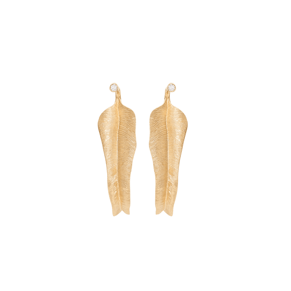 Small Leaves 18K Gold Hoops w. Diamonds