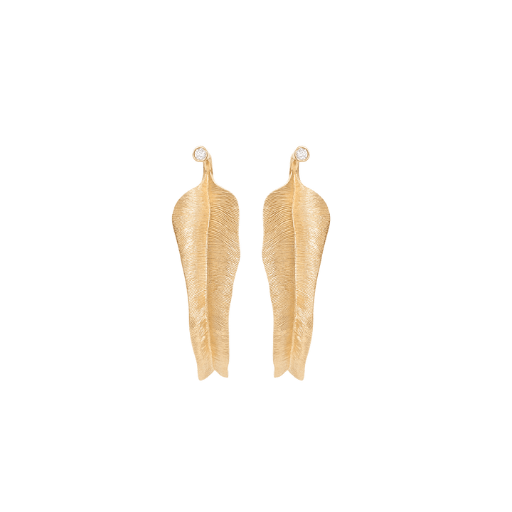 Small Leaves 18K Gold Hoops w. Diamonds