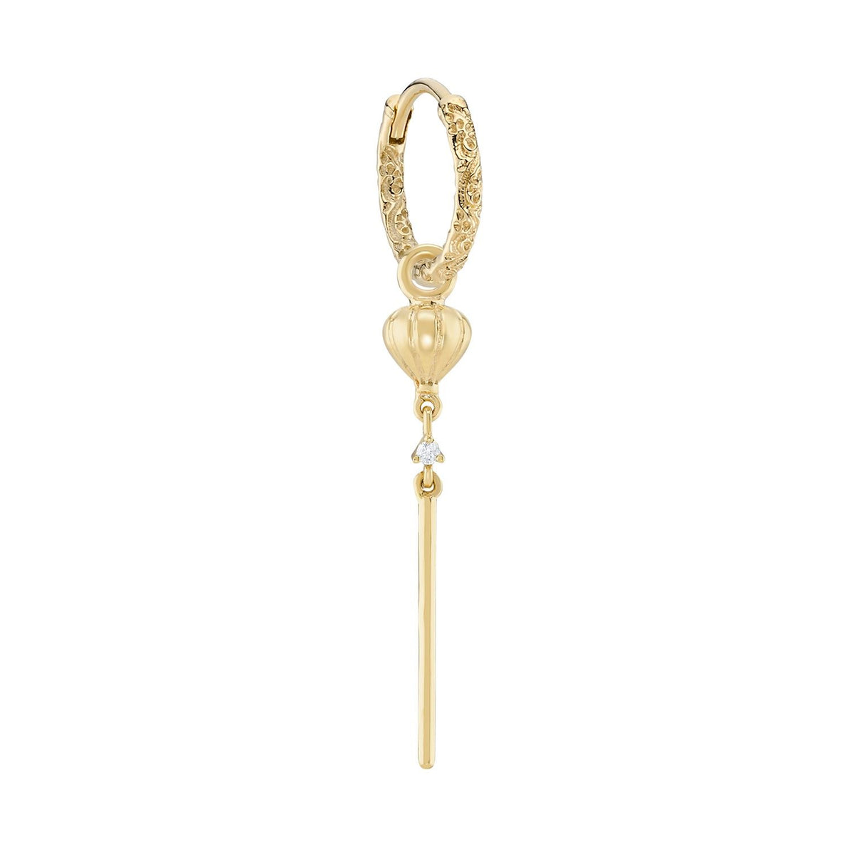 Engraved Bar Lucky Lantern Clicker 9K Gold Hoop w. Diamond