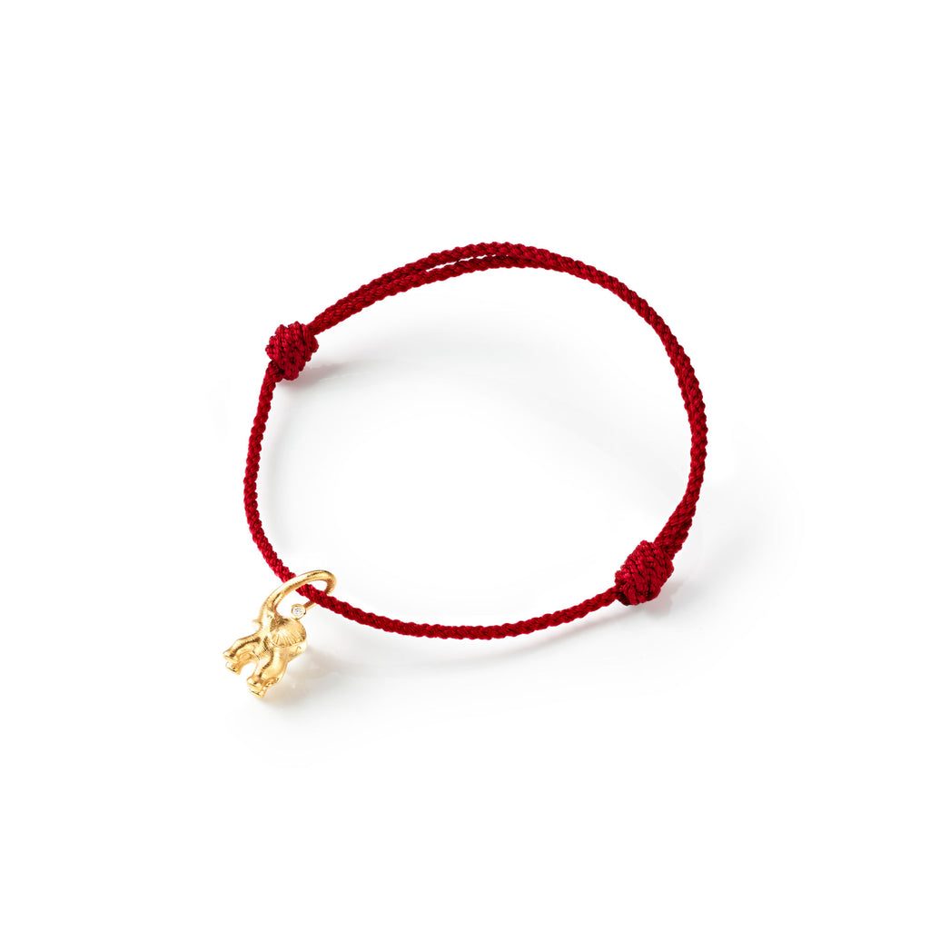 Elephant Mini 18K Gold Red String Bracelet w. Diamond