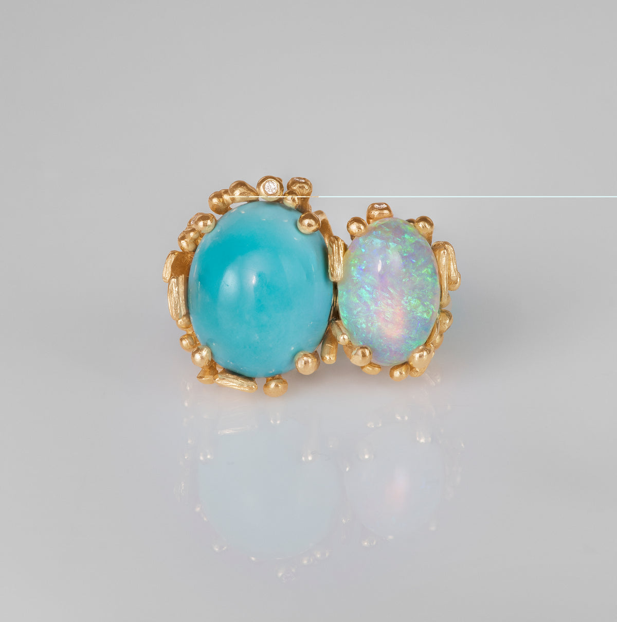 BoHo Double 18K Gold Ring w. Diamond, Opal & Turquoise