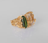 BoHo Double 18K Gold Ring w. Diamond, Turquoise & Rutile Quartz