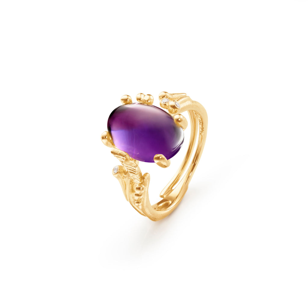 BoHo 18K Gold Ring w. Amethyst & Diamonds
