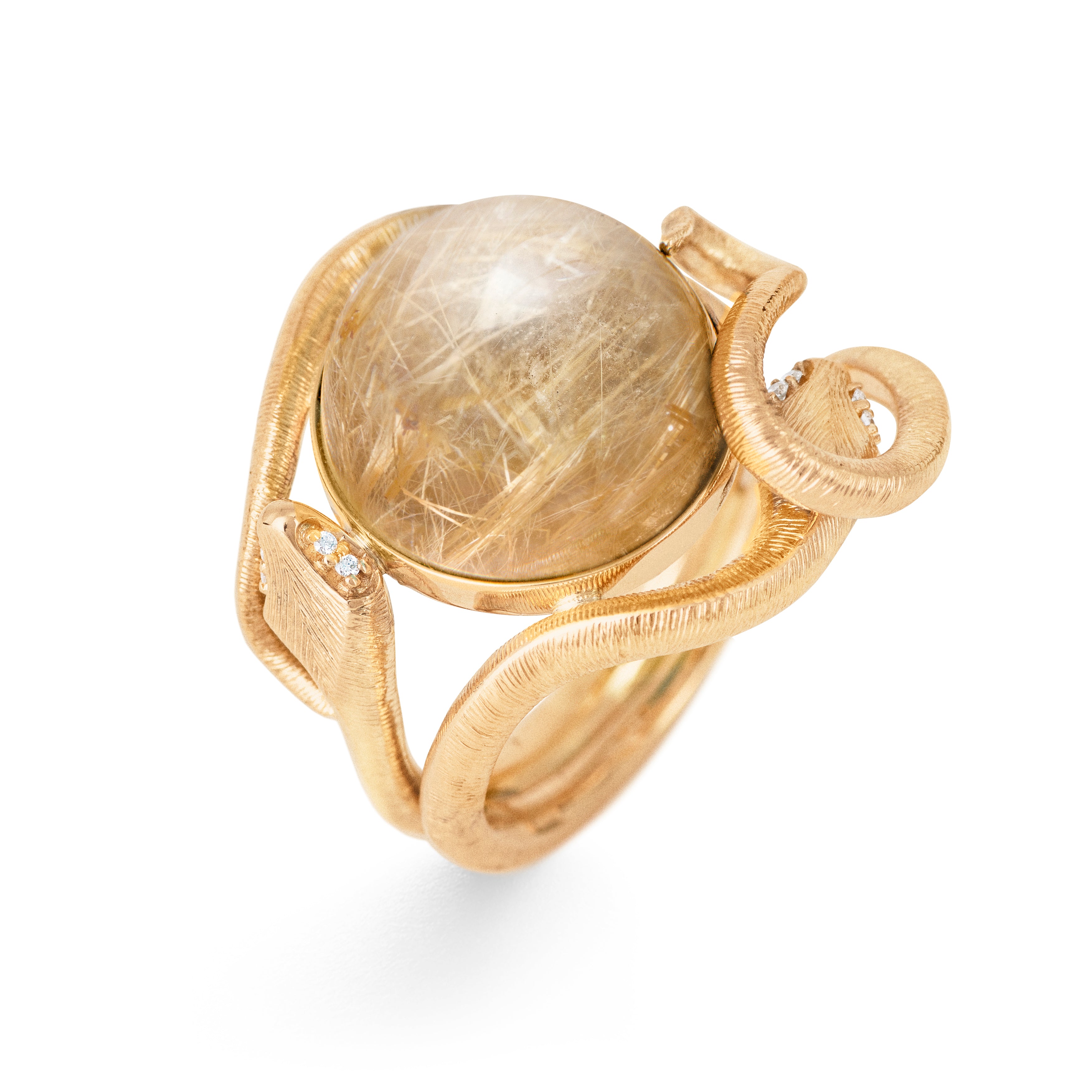 Snakes 18K Gold Ring w. Rutile Quartz & Diamonds