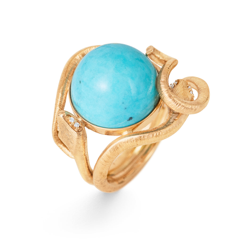 Snakes 18K Gold Ring w. Turquoise & Diamonds