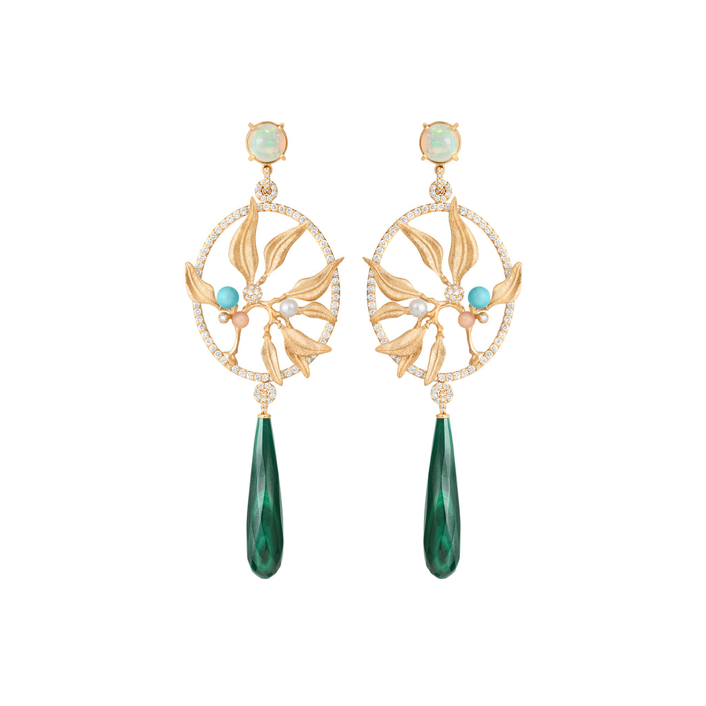 Exclusive Dream Catcher 18K Gold Earrings w. Diamonds, Moonstone, Pearl, Opal, Turquoise & Malachite