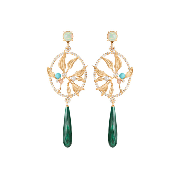 Exclusive Dream Catcher 18K Gold Earrings w. Diamonds, Moonstone, Pearl, Opal, Turquoise & Malachite