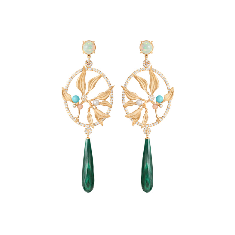 Exclusive Dream Catcher 18K Gold Earrings w. Diamonds, Moonstone, Pearl, Opal, Turquoise & Malachite