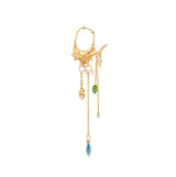 Young Fish 18K Gold Earring-Pendant w. Serpentine & Aquamarine Drops