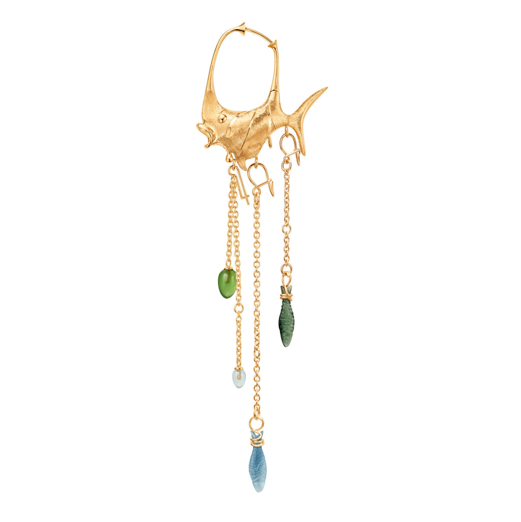 Young Fish 18K Gold Earring-Pendant w. Serpentine & Aquamarine Drops