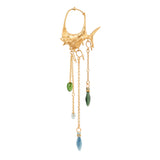 Young Fish 18K Gold Earring-Pendant w. Serpentine & Aquamarine Drops