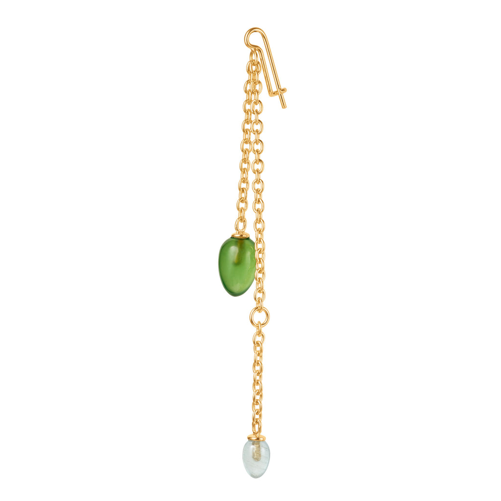 Young Fish 18K Gold Earring-Pendant w. Serpentine & Aquamarine Drops
