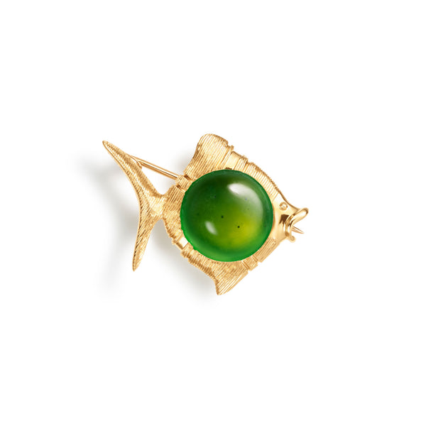 Young Fish 18K Gold Brooche w. Serpentine