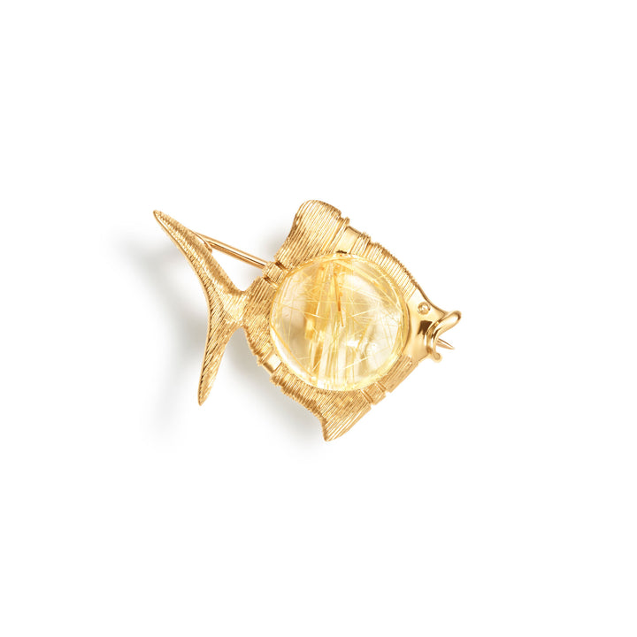 Young Fish 18K Gold Brooche w. Quartz