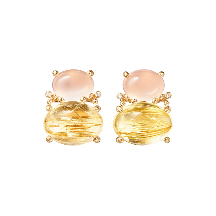 BoHo 18K Gold Earrings w. Diamonds & Rutile Quartz