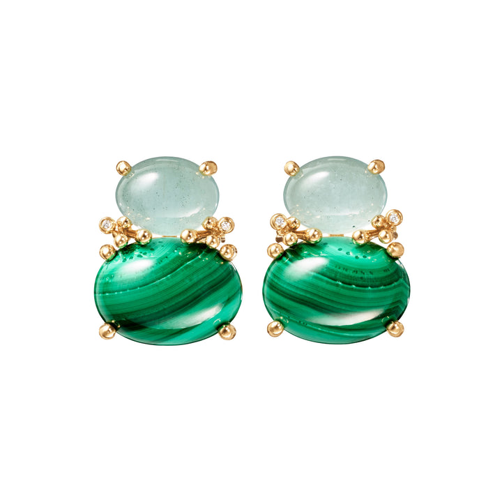 BoHo 18K Gold Earrings w. Diamonds, Malachites & Aquamarines