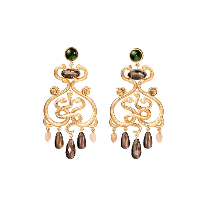 Snakes 18K Gold Earrings w. Tourmalines, Quartz & Moonstones